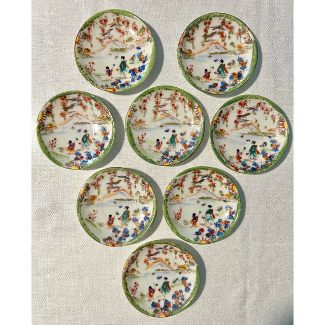 Ceramic 1920’s Antique Japanese Chinoiserie Hand Painted Traditional Geisha Girl & Pagoda Plates & Small Bowls - A 17 Piece Set For Sale - Image 7 of 11