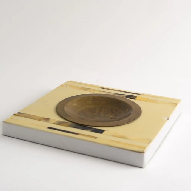 Vintage Horn Inlay Square Ashtray Catchall With Brass Center For Sale - Image 10 of 11