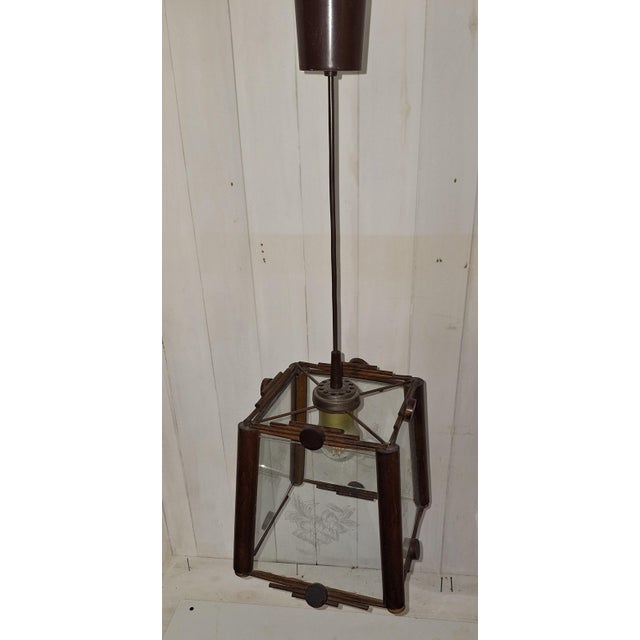 Vintage Handmade Ceiling Lamp with Beechwood Frame and Patterned Glass Panes, 1980s For Sale - Image 4 of 8