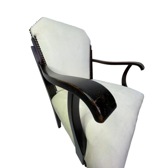 Set of 8 Vintage Art Deco Style Dining Chairs in Ivory Suede-Like Upholstery & Dark Mahogany Frames For Sale - Image 14 of 18