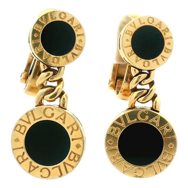1990s Pair of Bulgari Bvlgari 18k Gold Black Onyx Drop Clip Earrings For Sale