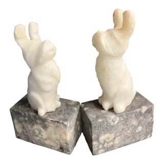 1960’s Italian Hand Carved Soft Stone Charming Terrier Dog Small Bookends- Set of 2 For Sale