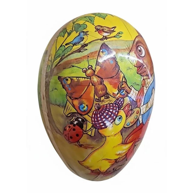 Vintage German Paper Mâché Easter Egg — XL 10" Bunny Painting Scene For Sale - Image 4 of 8