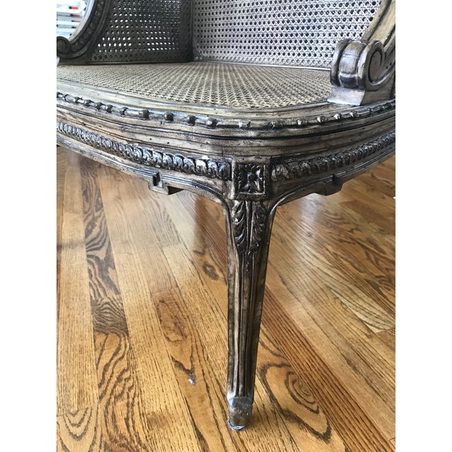 1990s John-Richard Cane Chair With Carved Accents & Custom Upholstered Cushion in Perennials Basketweave Crisp Bright White For Sale In Atlanta - Image 6 of 9