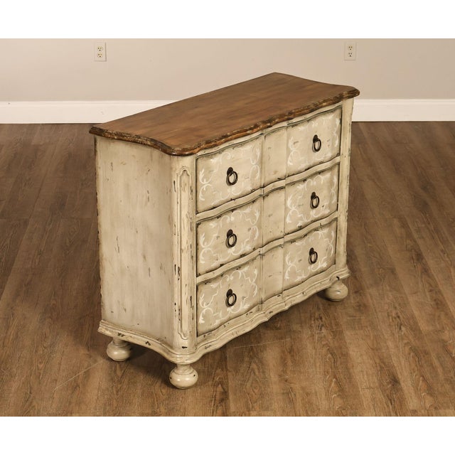Painted Country Style Three Drawer Chest Featuring A Rectangular Top With Natural Wood Finish Over A Distressed Painted...