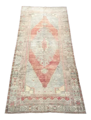 Vintage Faded Medallion Design Turkish Handmade Gray and Red Rug