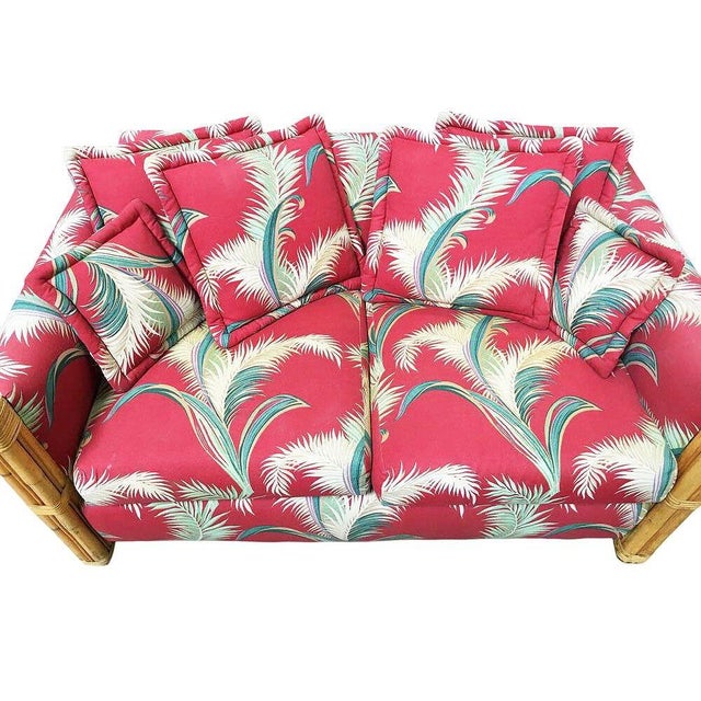 Wood Restored "Big King" Plush Over Stuffed Rattan Settee Sofa W/ 4 Strand Arms, Pair For Sale - Image 7 of 8