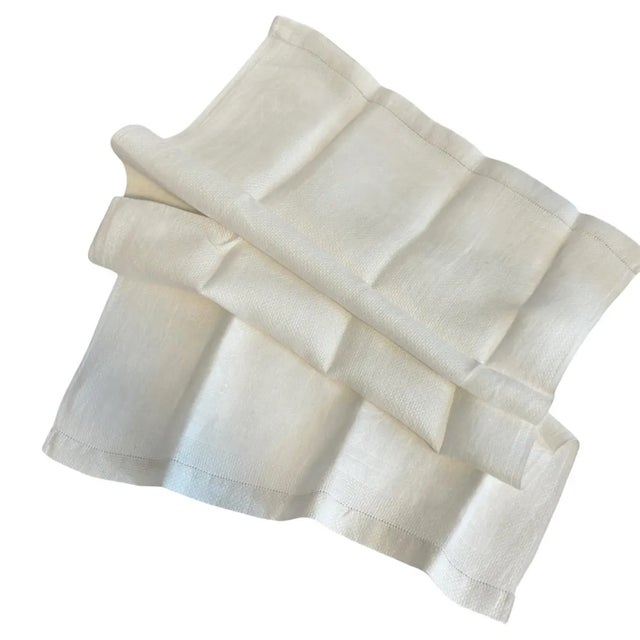 White Vintage French Linen Damask Towel with Woven Diamond Motif and Hemstitch Border For Sale - Image 8 of 9