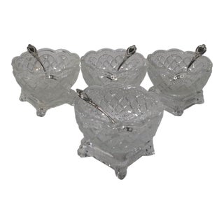 Mid 20th Century Fostoria Salt Cellars With Antique Heart Motif Sterling Silver Salt Spoons - Set of 4 For Sale