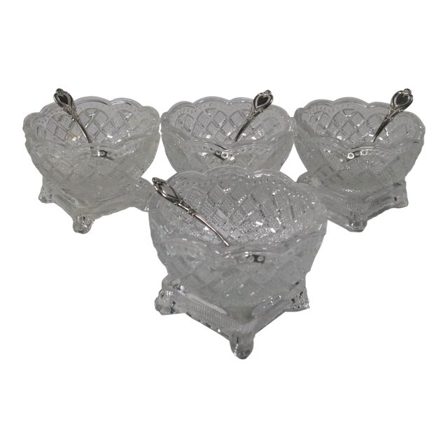 Mid 20th Century Fostoria Salt Cellars With Antique Heart Motif Sterling Silver Salt Spoons - Set of 4 For Sale