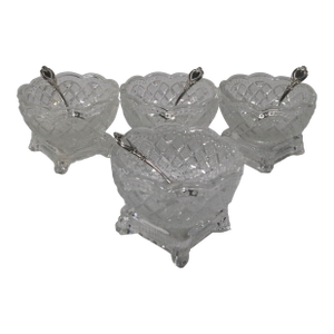 Mid 20th Century Fostoria Salt Cellars With Antique Heart Motif Sterling Silver Salt Spoons - Set of 4