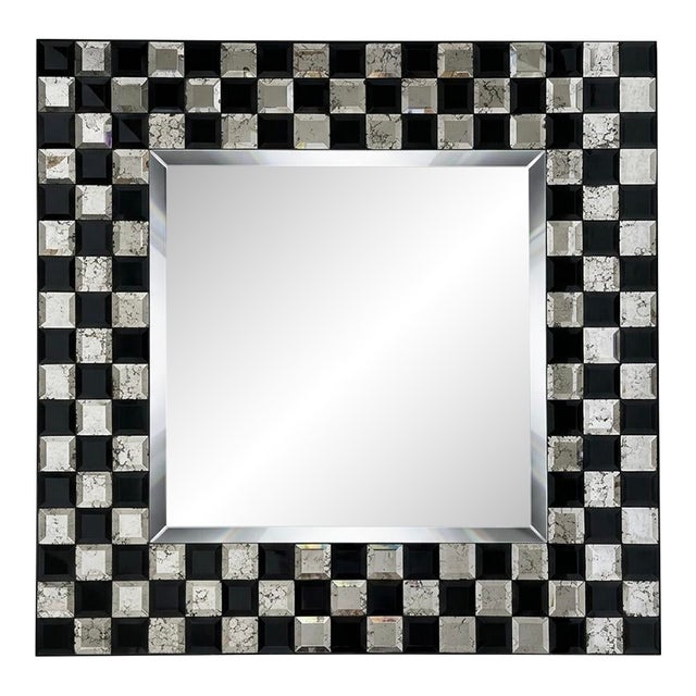 Black and Silver Checkerboard Design Beveled Glass Square Mirror For Sale