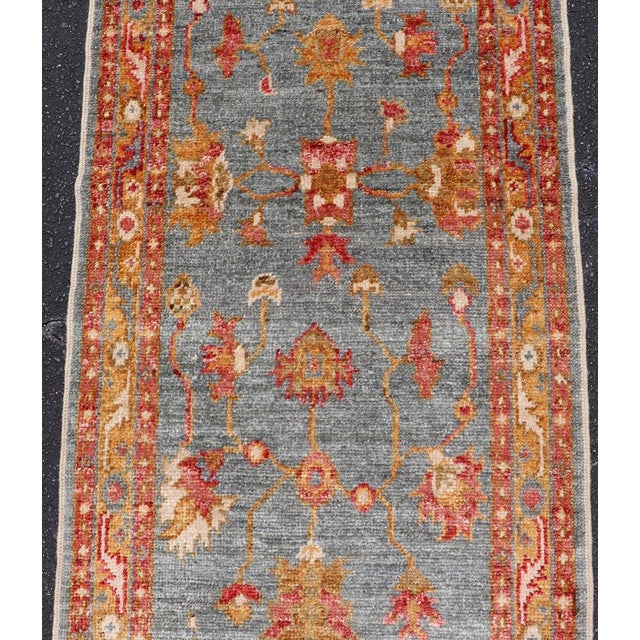 Blue Turkish Angora Oushak Runner With Denim Blue Field and Rust Motifs For Sale - Image 8 of 13