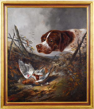 German Artist, Hunting Scene, Late 19th Century, Oil Painting on Canvas, Framed