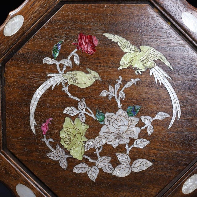Vintage Rosewood Octagonal Box With Mother-of-Pearl Bird & Floral Inlay For Sale - Image 4 of 10
