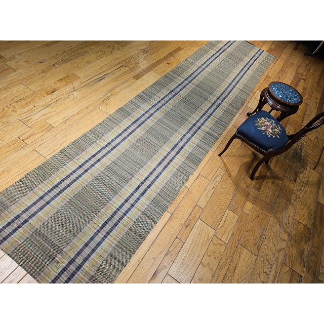 Vintage American Amish Rag Runner, Handwoven Stripe Pattern, Green & Yellow, 3x16 For Sale - Image 13 of 14