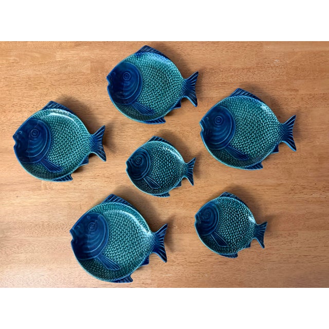 Vintage Portuguese Majolica Olfaire Fish Shaped Serving Dishes. Set of 6 For Sale - Image 9 of 10