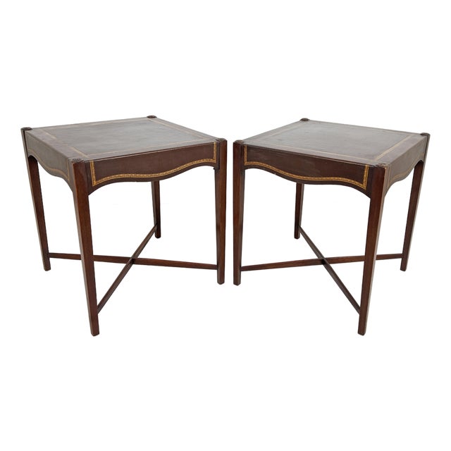 C. 1940s Regency Leather and Mahogany End Tables - A Pair For Sale