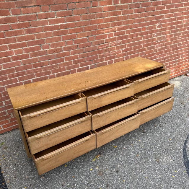 Mid 20th Century Mid-Century Modern Walnut 9-Drawer Lowboy Dresser With Mirror For Sale - Image 5 of 11