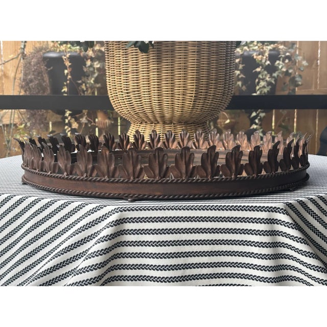 Traditional Large Vintage Italian Tole Acanthus Leaf Round Mirrored Tray / Mirrored Plateau / Round Mirrored Cocktail Tray For Sale - Image 3 of 17