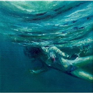 Dance by Elena Degenhardt | Oil on canvas Woman swimming underwater in shades of blue. For Sale