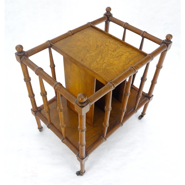 Brown Faux Bamboo & Burl Canterbury Magazine Rack Stand Table on Brass Wheels MINT! For Sale - Image 8 of 11