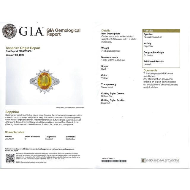 Title: Fine 3.58ct GIA Yellow Sapphire & 0.48ct Diamond Platinum Ring 7.5g Size 6 Age/Markings: Estate, weights marked...
