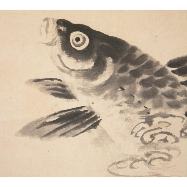 Wood "Carp Leaping", Early Showa Era Japanese Monochrome Scroll Painting For Sale - Image 7 of 15