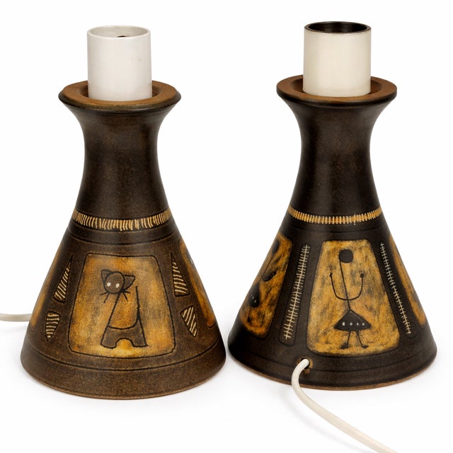 Matched pair of handmade stoneware table lamp bases by Munk Keramik, Enköping, Sweden, c. 1960s. Conical form with waisted...