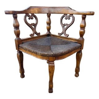 Vintage English Style Wood Corner Chair With Cane Seat For Sale