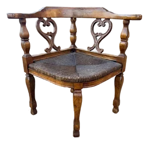 Vintage English Style Wood Corner Chair With Cane Seat