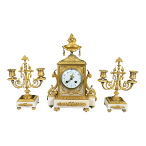 Superb Quality French Louis XV Bronze and White Marble Clock Set