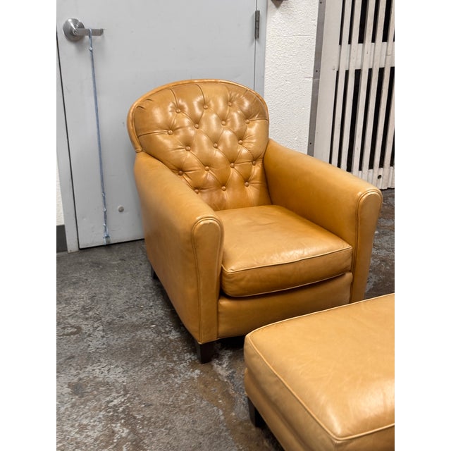 Crate & Barrel Rollins Camel Leather Button-Tufted Chair + Ottoman For Sale - Image 11 of 12