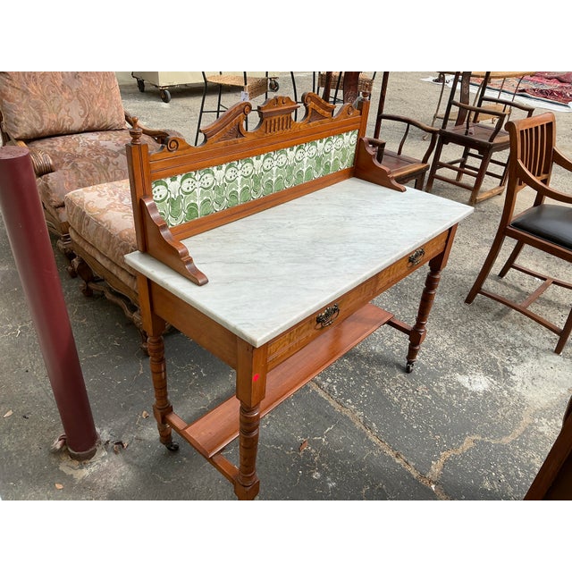 Early 20th Century Early 20th Century Victorian-Style Rolling Work Cabinet With Marble Top and Decorative Tile For Sale - Image 5 of 7