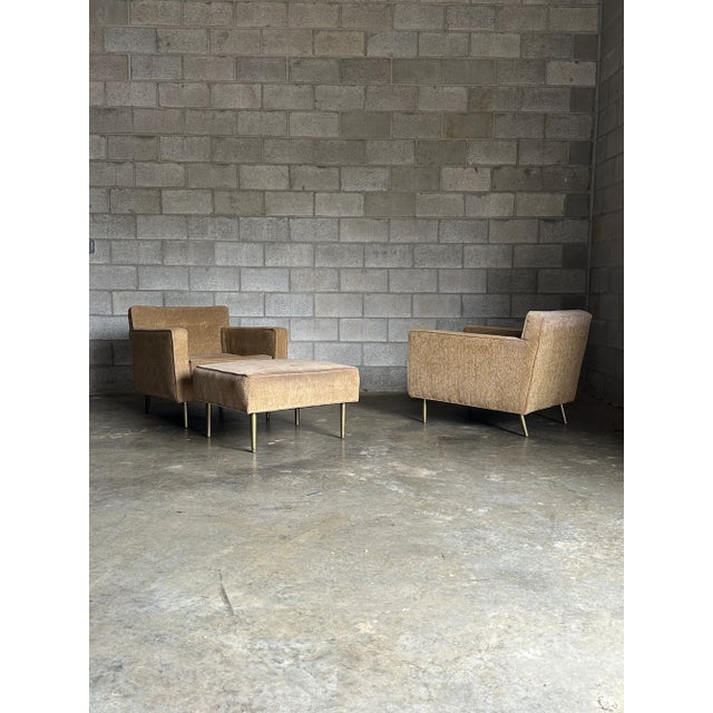 Vintage Edward Wormley for Dunbar Brass Leg Lounge Chairs and Ottoman, Unmarked - 3 Pieces For Sale - Image 13 of 13