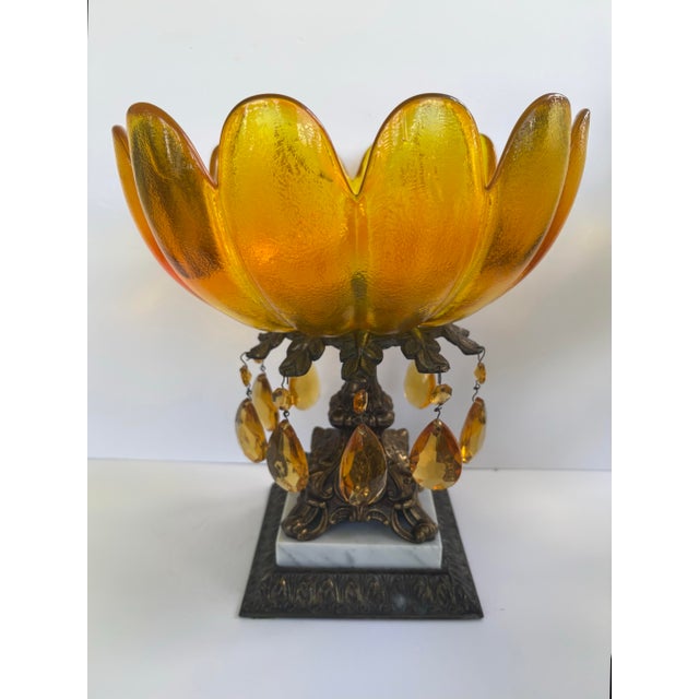 Mid 20th Century Vintage Hollywood Regency Amber Glass Floral Centerpiece Bowl With Crystal Prisms & Marble Base For Sale - Image 5 of 12