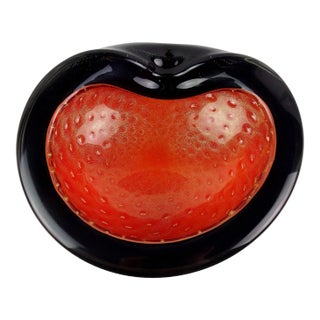 Vintage Murano Barbini Black Orange Gold Flecks Italian Art Glass Mid Century Decorative Bowl For Sale