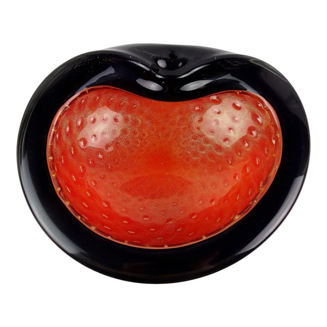 Vintage Murano Barbini Black Orange Gold Flecks Italian Art Glass Mid Century Decorative Bowl For Sale