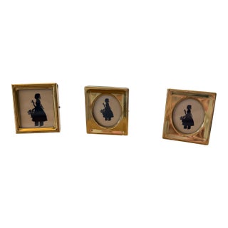 Vintage Miniature Brass Silhouette Frames With Girl & Flower Vignettes - Set of 3 For Sale