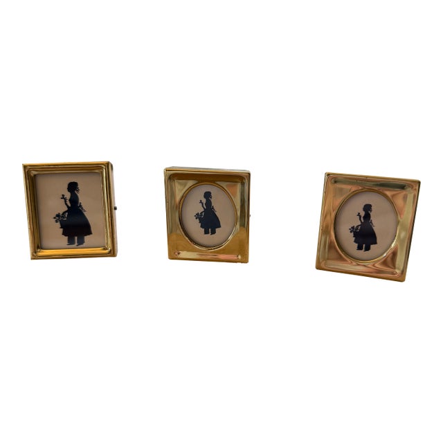 Vintage Miniature Brass Silhouette Frames With Girl & Flower Vignettes - Set of 3 For Sale