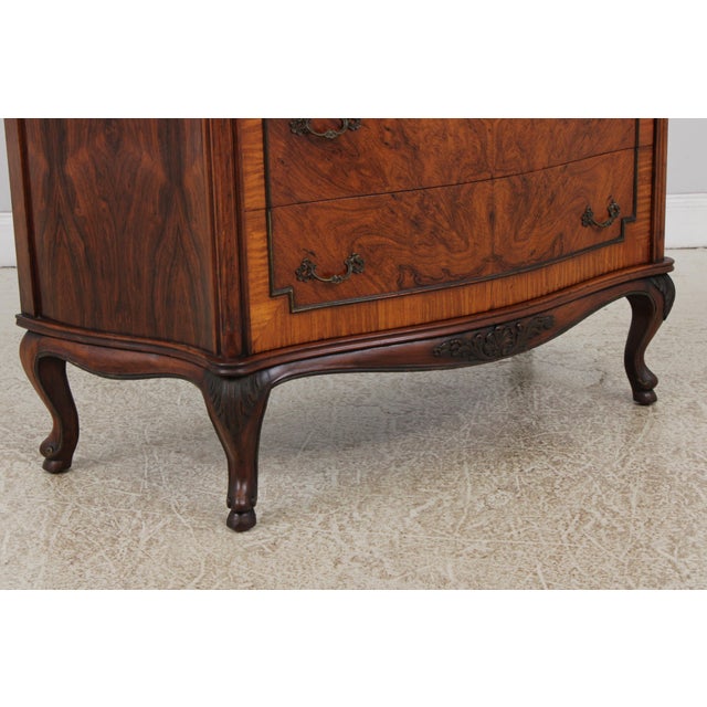 Vintage French Style Bow Front 5 Drawer Inlaid Walnut Chest For Sale - Image 12 of 18
