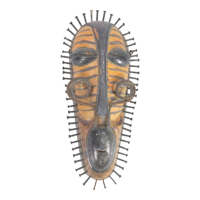 Enzo Borgini Italian Mid Century Terra Cotta With Iron Sculpture Wall Art Tribal Mask For Sale