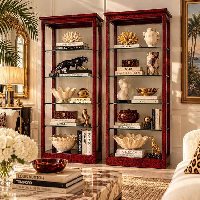 Spectacular pair of 1970s Hollywood Regency five-tier étagères featuring a rich red and black faux tortoiseshell finish....