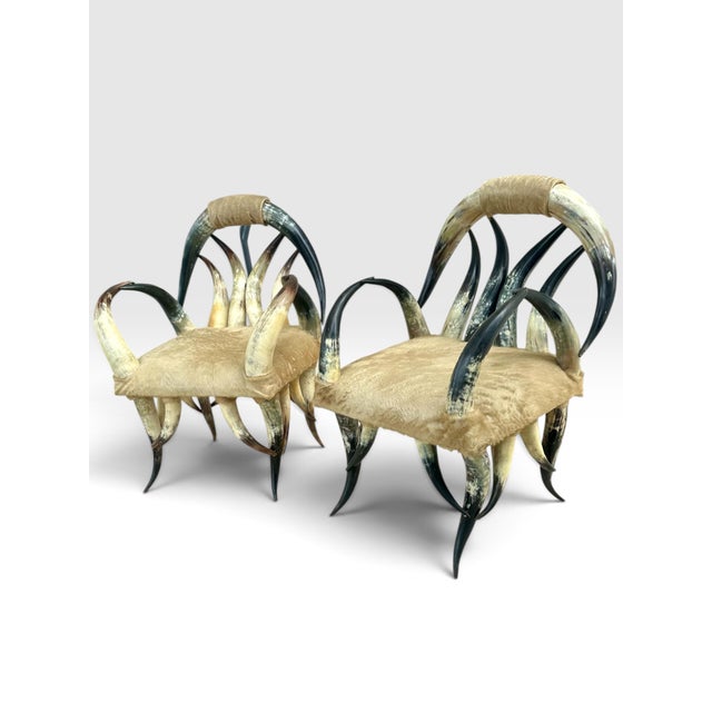 Pair of Rare Vintage Steer Horn &Amp; Cowhide Rustic Southwestern Armchairs. For Sale - Image 4 of 12