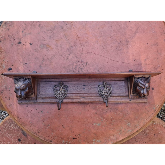 Wall Shelf in Oak with Lion Heads and Hooks For Sale - Image 12 of 15