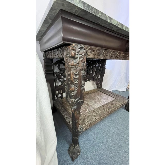 Early 1900's Wolverine Manufacturing Balinese Style Carved and Pierced Wood Console Table With Drawer and Marble Surfaces For Sale - Image 4 of 12
