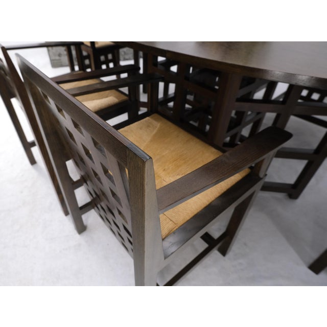 Late 20th Century Late 20th Century Brown Oak Cassina Macintosh Drop Leaf Dining Table 6 Rush Seat Chairs Set Mint For Sale - Image 5 of 18