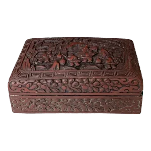 Antique Chinese Carved Dark Red Cinnabar Lacquer Box With Figural Scene