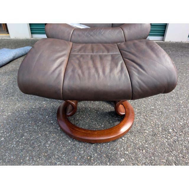Vintage Ekornes Stressless Brown Leather Recliner and Ottoman Norway For Sale - Image 12 of 17