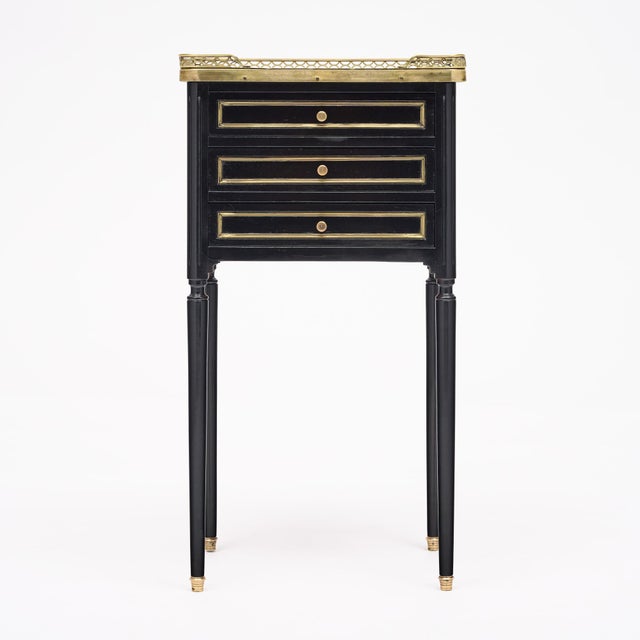French Pair of French Louis XVI Style Ebonized, Brass and Marble Side Tables For Sale - Image 3 of 9